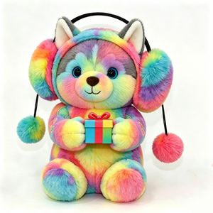 ตุ๊กตาฮัสกี้นุ่มสีรุ้งแบบย้อมสีพิเศษ พร้อมที่ปิดหูแบบปอมปอม ตุ๊กตาฮัสกี้น่ารักนั่งถือกล่องของขวัญ - Product Image 5