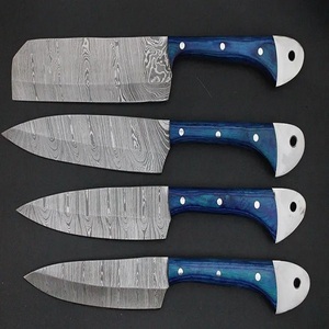A&M ENTERPRISES 4 Piece Eco-Friendly Handmade Damascus Steel Chef <b>Knife</b> <b>Set</b> with High-Polish Finish and Blue Wooden Handles - Product Image 1