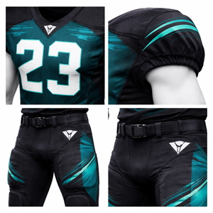 ชุดยูนิฟอร์มอเมริกันฟุตบอลแบบกำหนดเองสำหรับผู้ชาย เสื้อเจอร์ซีย์สีดำ-เขียวอมฟ้าและกางเกงขายาว โพลีเอสเตอร์ระบายอากาศได้ดี ชุดกีฬาสำหรับทีมฝึกซ้อม - Product Image 6