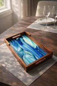 Luxury Wooden Resin Serving Tray Blue Ocean <b>Epoxy</b> Inlay Rectangular Breakfast Tray Premium Solid Wood Coffee <b>Table</b> Decorative - Product Image 2
