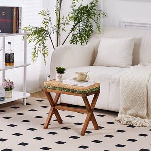 Natural Seagrass Rectangular Ottoman Footstool with Wooden Legs Hand-Woven Footrest for Living Room - Product Image 3