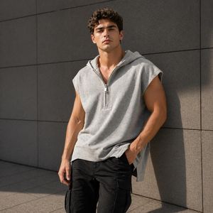 Sudadera sin mangas con capucha y cremallera de un cuarto para hombre, gris liso, ajuste casual, largo regular, 100% algodón, felpa francesa, transpirable - Product Image 4