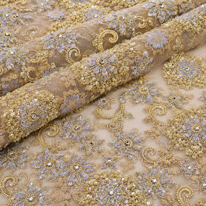 Champagne Gold Floral Luxury Lace 100% Polyester Beaded <b>Sequin</b> Embroidery Bridal Wedding Party Wear Fabric - Product Image 2