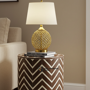 Mesa de Noche Moderna de Lujo con Incrustaciones de Hueso y Patrón Chevron Ecológico, Mesa de Tambor de Madera Hecha a Mano para Decoración de Sala de Estar - Product Image 5