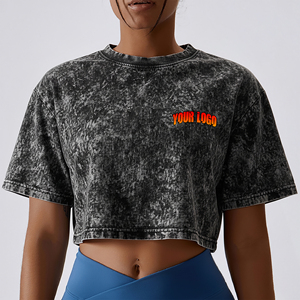 T-shirt femme coupe ample style hip-hop, léger, délavé, 100% coton, confortable et respirant, coupe courte. - Product Image 1