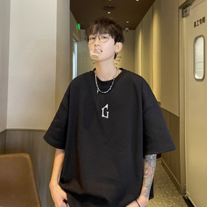 T-shirt Homme Brodé Oversize en Coton et Fibre de Bambou, Coupe Ample Épaules Tombantes, Grammage Lourd, Style Décontracté Streetwear, T-shirt Graphique - Product Image 5