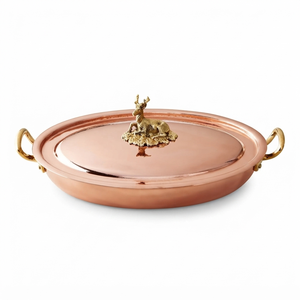 Luxury Handmade Pure Copper Shallow Casserole Pan with Gold Deer Figurine Lid Knob and Handles for Home Hotel Gourmet Cooking - Product Image 1