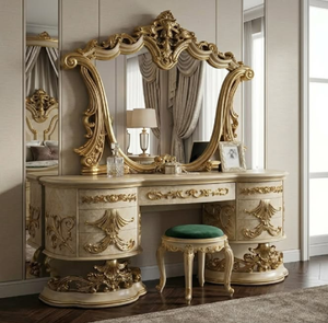 Luxury carved wooden vanity <b>table</b> set <b>with</b> built-in side sconces and round <b>stool</b>, available at wholesale prices. - Product Image 3