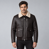 Veste en cuir véritable marron foncé pour homme, motif croco gaufré, col en sherpa, multi-poches, fermeture éclair intégrale, mode hiver, style motard