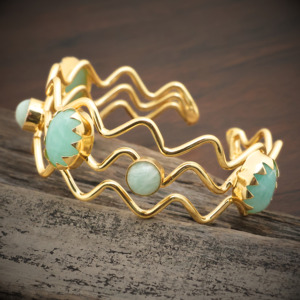 Fashion 18K Gold Plated Open <b>Cuff</b> Bangle with Natural Amazonite Stone | Wavy Design Adjustable Bangle Wholesale - Gift for her - Product Image 2