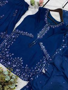Conjunto de Salwar Kameez Tradicional Pakistaní para Mujer, en Oferta, Bordado, de Algodón y Seda, Color Azul Medianoche, de Lujo, para Fiesta - Product Image 6