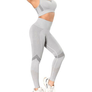 Women Yoga Set Solid Color Racerback <b>Crop</b> <b>Top</b> High Waist Full Length Leggings Seamless 2 Piece Set Breathable <b>Mesh</b> Design - Product Image 2