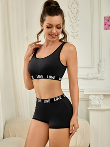 Scoop Neck Racerback Sports Bra Set With Love Print <b>High</b> Waist Shorts Breathable Spandex Polyester Yoga Fitness 2 Piece Set - Product Image 2