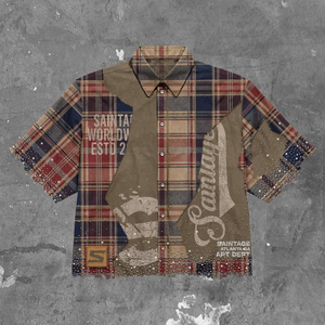 เสื้อยืดผู้ชายสไตล์วินเทจ ผ้าเทอร์รี่รักษ์โลก 100% ผ้าฝ้าย ชุดเสื้อยืดฤดูร้อนสั่งทำพิเศษ พิมพ์ลายสกรีน เสื้อเชิ้ตลายสก็อตประดับเพชร กางเกงยีนส์ขาสั้น - Product Image 2