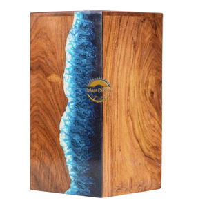 Handcrafted Ocean Wave Resin & Natural Wood Cremation Urn Blue Epoxy Ashes Box Artistic Funeral Memorial Keepsake by AYAANS - Product Image 3