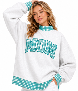 Sudadera informal oversize de cuello simulado para mujer, gris oscuro con estampado de guinga, manga larga, ajuste holgado, forro polar - Product Image 6