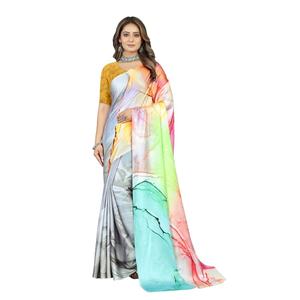DESIGNER JAPON CRAPE IMPRESSION NUMÉRIQUE TRAVAIL SAREE AVEC BLOUSE NON COUCHÉE MULTI - Product Image 1