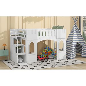 Letto a soppalco bianco singolo con scala contenitore e finestra - Prodotto per letti per bambini - Product Image 5