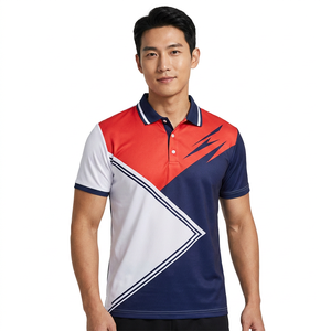 Polo à manches courtes pour homme, imprimé géométrique, rouge, bleu, blanc, couleurs contrastées, séchage rapide, tricoté en polyester, sportif, coupe classique - Product Image 2