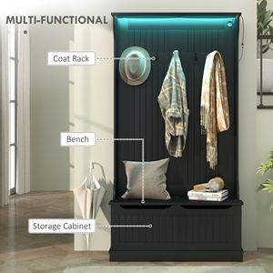 Panca da ingresso 3-in-1 con luci LED, appendiabiti e porta scarpe (5 ganci, nera) - Product Image 5