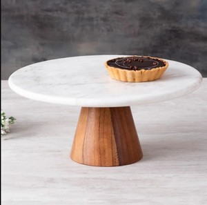 <b>Marble</b> <b>Top</b> Cake Stand with Wooden Base – Luxury Round Dessert Display Stand for Cakes, Pastries & <b>Table</b> Decor - Product Image 2
