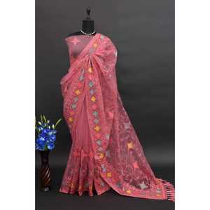 Sari en soie de créateur pour mariages, broderie multicolore au fil et au zari - Product Image 5