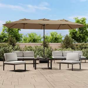 Parasol de jardin en polyester taupe et gris foncé avec base en fer thermolaqué – Élégant parasol de terrasse - Product Image 1