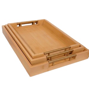 Ensemble de 3 plateaux de service modernes en bois biodégradable avec poignées en métal |   Plateau rectangulaire écologique pour le petit-déjeuner, idéal pour les fêtes, la cuisine et l'hôtellerie - Product Image 1