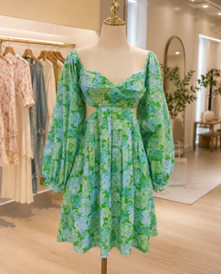 Womens Floral Mini Chiffon Woven <b>Dress</b> Green Blue Printed Sweetheart Neck Puff Sleeve <b>A</b>-Line Casual Autumn <b>Winter</b> Streetwear - Product Image 2