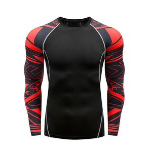 Ensemble de vêtements de sport pour homme, t-shirt à manches longues compressif et leggings longs, noir et rouge, en spandex et polyester, antibactérien, impression numérique - Product Image 3