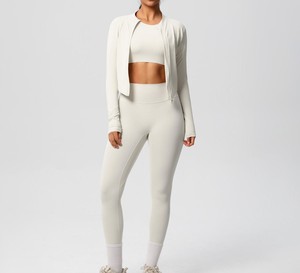 Conjunto Deportivo de Mujer Blanco de Manga Larga, Transpirable, Ligero, de Color Sólido, con Cuello Redondo y Cierre de Cremallera, Ajustado, para Primavera - Product Image 1