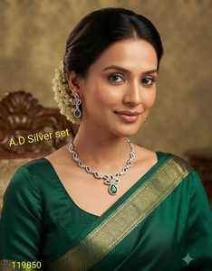 Luxury AD <b>Silver</b> Bridal <b>Necklace</b> <b>Set</b> with Emerald Pear Stone, Premium Wedding Party Wear Jewelry with Matching Earrings <b>Set</b> - Product Image 1