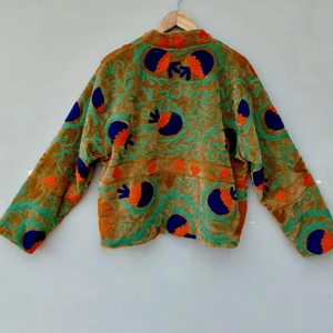 Bohemian Style Floral <b>Quilted</b> <b>Velvet</b> Crop Jacket for Women Reversible with Cotton Filling and Embroidery Fall Winter Coat - Product Image 2