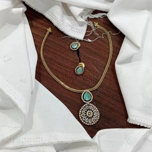 Sophisticated Afghan Emerald Green Teardrop <b>Crystal</b> Pendant Gold Chain Necklace <b>Set</b> With Matching Teardrop - Product Image 2