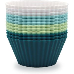 Lot de 12 moules à muffins en silicone sans BPA, réutilisables, pour cupcakes, moules à gâteaux, lavables au lave-vaisselle, en blanc, vert, bleu marine, bleu poussière - Product Image 1