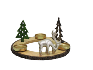 Artesign Modern Durable Christmas Advent Wreath Candle <b>Holder</b> with Nickel Aluminium Reindeer Gold Trees on Wooden <b>Log</b> Base - Product Image 1