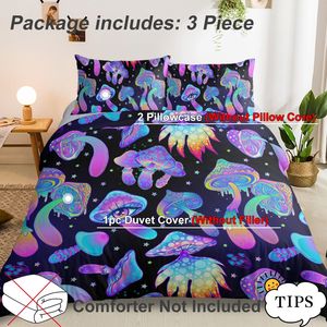 Set Copripiumino Decorativo con Motivo a Funghi Colorati su Sfondo Nero, Morbido Set da Letto con Cartoni Animati, Include Piumino e 2 Federe, Misura Singola - Product Image 3