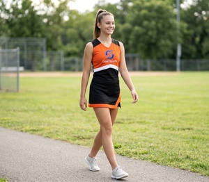 Tenues de cheerleading personnalisées rouge et noir avec strass, sublimation, spandex, polyester, pour compétition et spectacles - Product Image 5