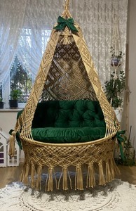Macrame Double Gold Swing Chair,Macrame Swing with Green <b>Cushions</b> ,Macrame <b>Round</b> Swing, macrame swing,Housewarming - Product Image 2