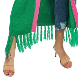 Green & Pink Fringe <b>Cardigan</b> <b>Sweater</b> Long Open Front Knit <b>Cardigan</b> with Contrast Trim and Patch Pockets Women's Outerwear Green - Product Image 4
