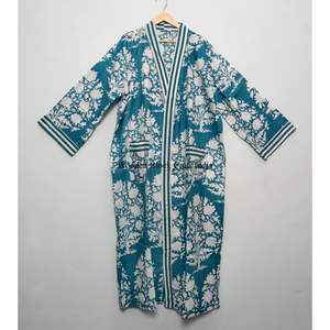 Hermoso Kimono Largo de Algodón Estampado a Mano con Cierre de Cinturón para Dormir por la Noche, Bata para Mujer con Estampado Floral - Product Image 3