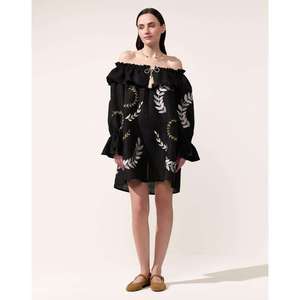 Women <b>Boho</b> Embroidered Cotton Mini <b>Dress</b> Black Leaf Print Off Shoulder Full Sleeve Tassel Tie Waist Short <b>Summer</b> <b>Dress</b> - Product Image 4