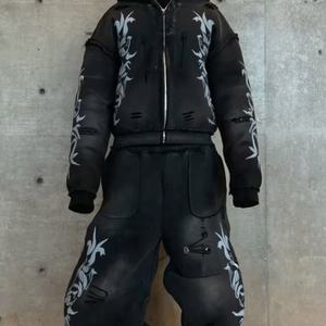 Conjuntos de Sudadera con Capucha y Pantalones Acampanados Estampados Personalizados, Chándales Holgados de Algodón con Lavado Ácido, Ropa Deportiva Urbana para Hombre - Product Image 1