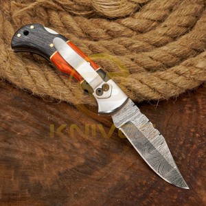 Cuchillo de Acero de Damasco con Punta Caída, Mango de Madera, Bolster de Latón, Cuchillo de Camping Plegable de 7 Pulgadas - Product Image 2