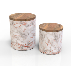 Conteneur de stockage alimentaire cylindrique avec couvercle en bois, motif marbré, hermétique, préservation de la fraîcheur, utilisation en cuisine, design minimaliste - Product Image 1