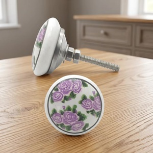 Round Porcelain Cabinet <b>Knob</b> with Purple Rose Design for Kitchen and Furniture - Product Image 1