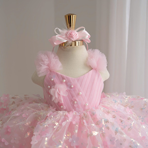Robe de princesse florale pour filles 147, avec volants aux épaules, en tulle superposé, robe d'anniversaire rose et jaune, vente en gros, fabricant Nhung Nguyen - Product Image 4