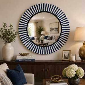 High Quality Antique Bone Inlay Round Pattern With Blue <b>White</b> Stripe <b>Mirror</b> Frame Furniture for Living Room Unique Wall Decor - Product Image 2