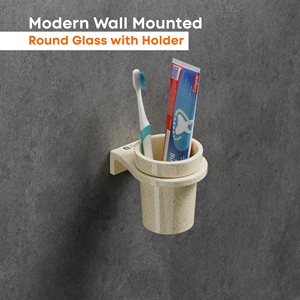 Round Glass Tumbler with Wall Mounted Holder Elegant Circular Toothbrush <b>Cup</b> and Sturdy Metal Support for Bathroom Vanity Sink - Product Image 2