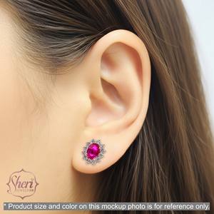 Boucles d'oreilles clous classiques en or blanc massif 18 carats avec halo de diamants et rubis ovales de 1,80 ct pour femme, par Sheri Jewels, idéales pour un anniversaire - Product Image 4
